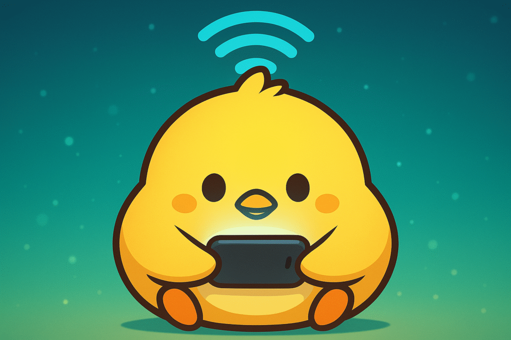 スマホに集中するひよこのキャラクター「とちぴ」のイラスト。デジタル空間でゲームに夢中になっている様子。