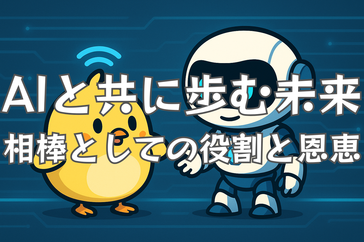 とちぴとChatGPTが並んで未来を見つめるイラスト。AIと共に歩む未来をテーマにした記事のアイキャッチ画像。