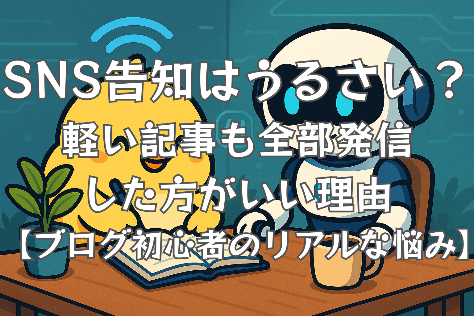 「SNS告知はうるさい？」と悩むとちぴがChatGPTに相談している様子を描いたアイキャッチ画像。軽い記事の発信にも価値があることを伝えるビジュアル。
