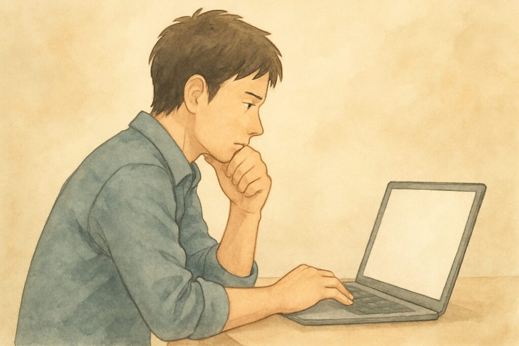 ノートパソコンを見つめて考え込む男性の水彩風イラスト