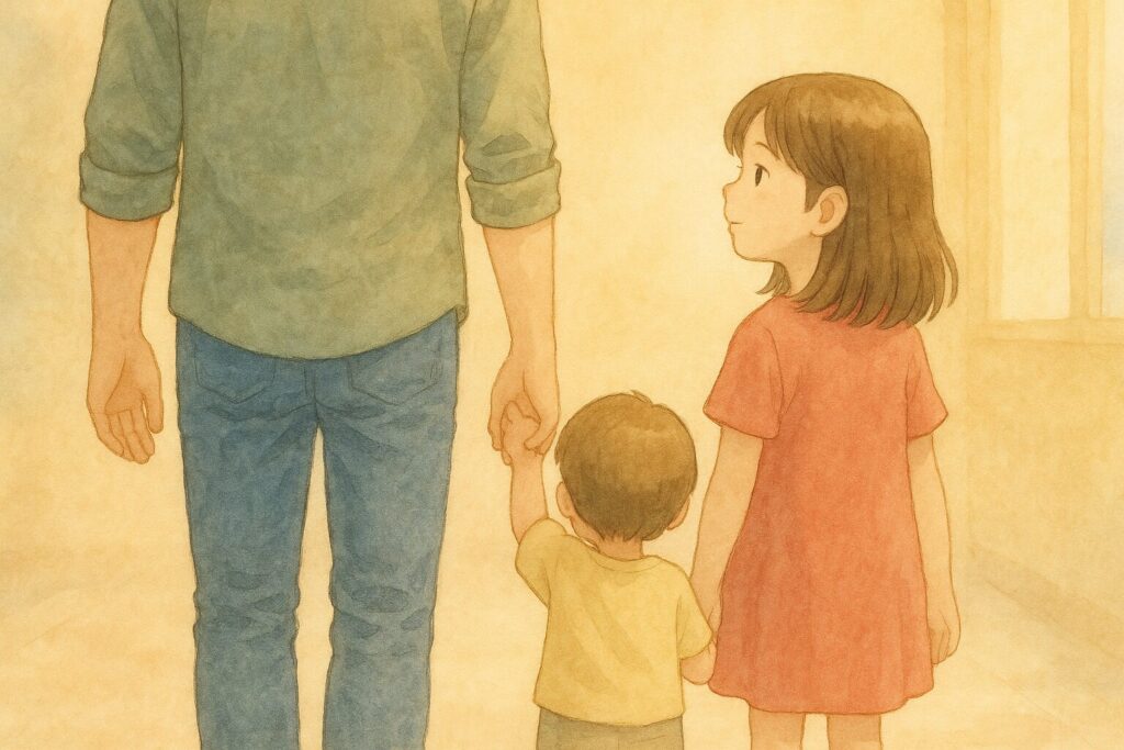 父と子どもたちが手をつないで歩く、優しいタッチの水彩画