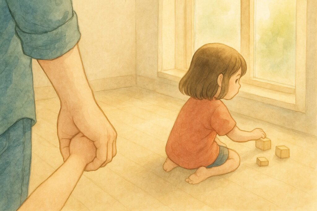 小さな子どもが父の手を引かれて歩く後ろ姿の水彩イラスト