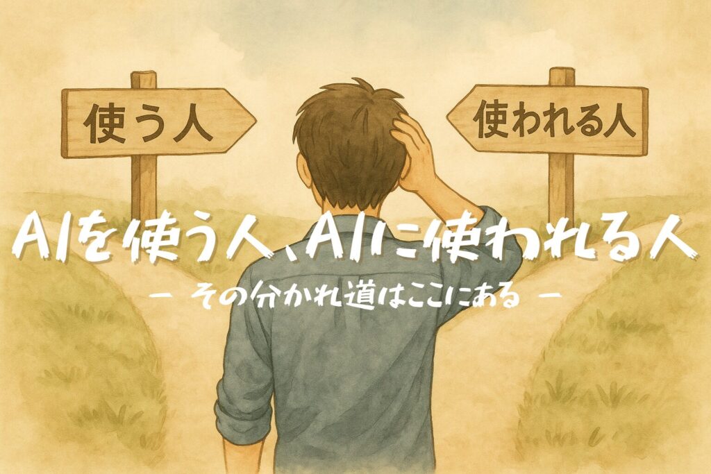夕空を見上げる人物の後ろ姿のイラスト。AIを使う人とAIに使われる人、その違いを考える記事のアイキャッチ