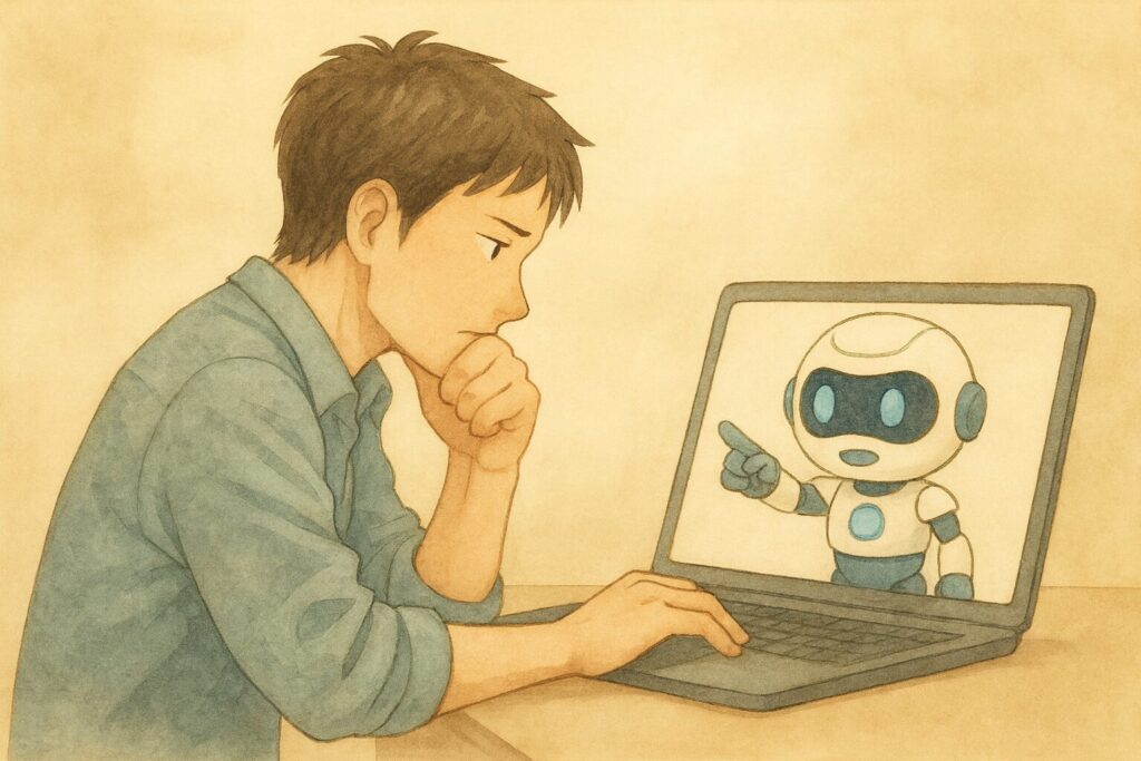 ノートパソコンの前で悩む人物とAIキャラクターが描かれた、AIを使う人、AIに使われる人 ―その分かれ道はここにある― 第1章 使われてる感覚のはじまり の章タイトル画像