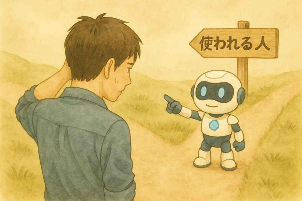 AIキャラクターと向かい合う人物の後ろに『使われる人』の看板が描かれた、AIを使う人、AIに使われる人 ―その分かれ道はここにある― 第2章 なぜ振り回されるのか の章タイトル画像