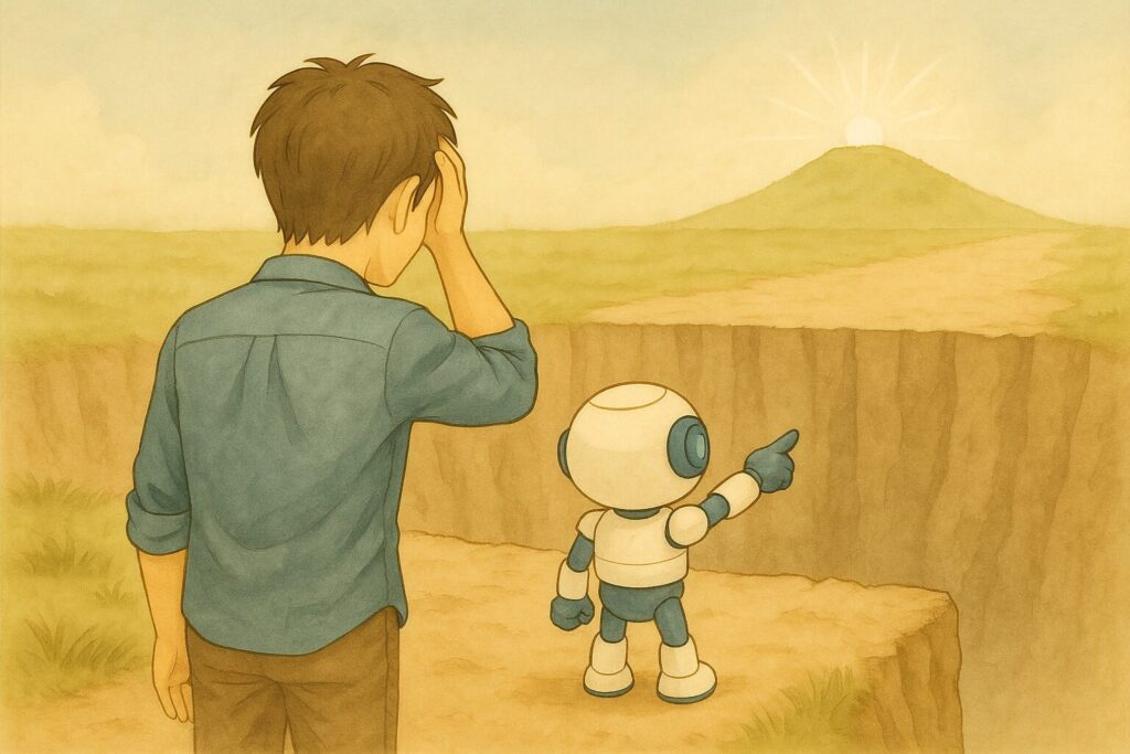 目の前に崖のような落とし穴の道を指し示すAIキャラクターと、悩む人物が描かれた、AIを使う人、AIに使われる人 ―その分かれ道はここにある― 第3章 “AIに聞けば全部解決”の落とし穴 の章タイトル画像