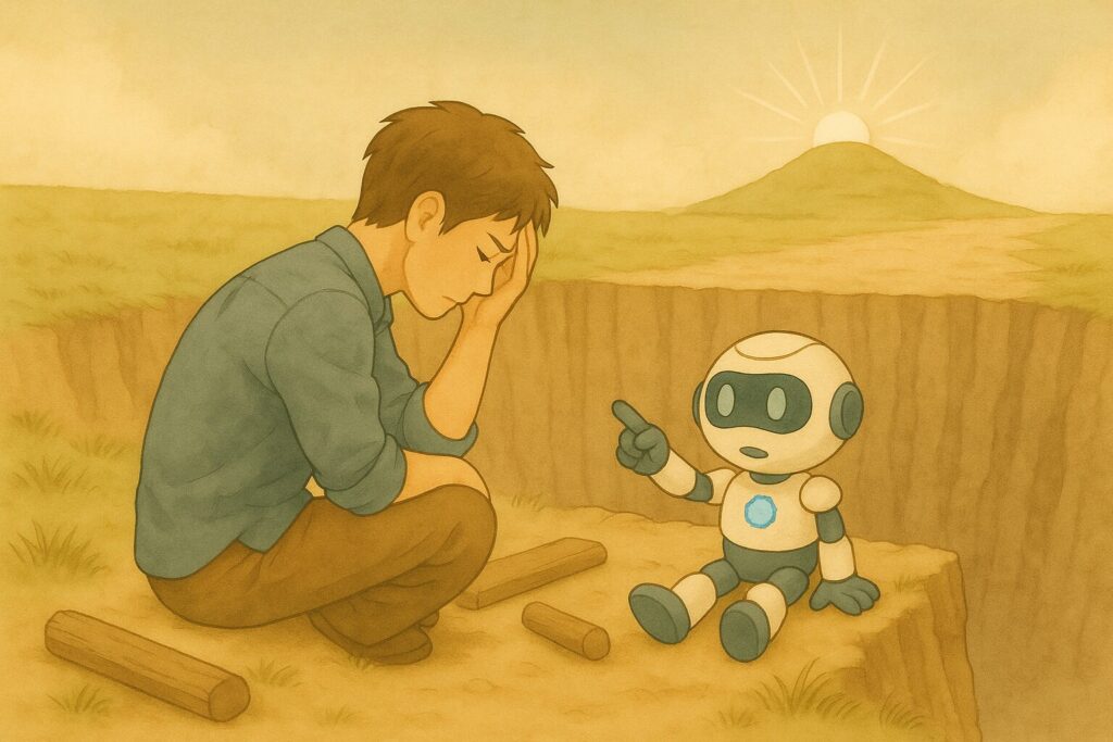 しゃがみ込む人物と座るAIキャラクターが向かい合い、問いかけるように対話している様子が描かれた、AIを使う人、AIに使われる人 ―その分かれ道はここにある― 第4章 問いの力を育てるということ の章タイトル画像
