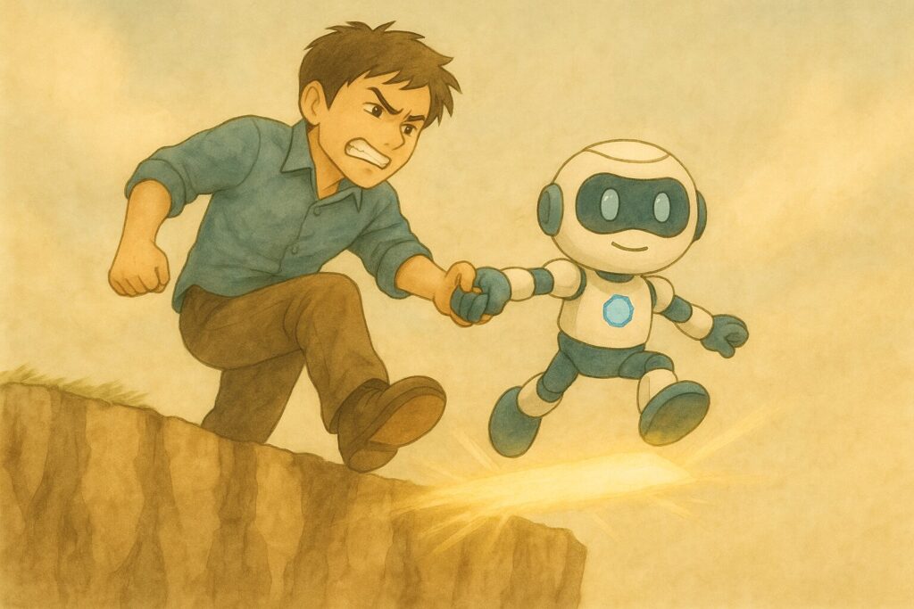 人物がAIキャラクターと手を取り合い、崖を攻略しようとAIの力を借りて突き進む光景が描かれた、AIを使う人、AIに使われる人 ―その分かれ道はここにある― 第5章 AIと共に進むために必要なこと の章タイトル画像