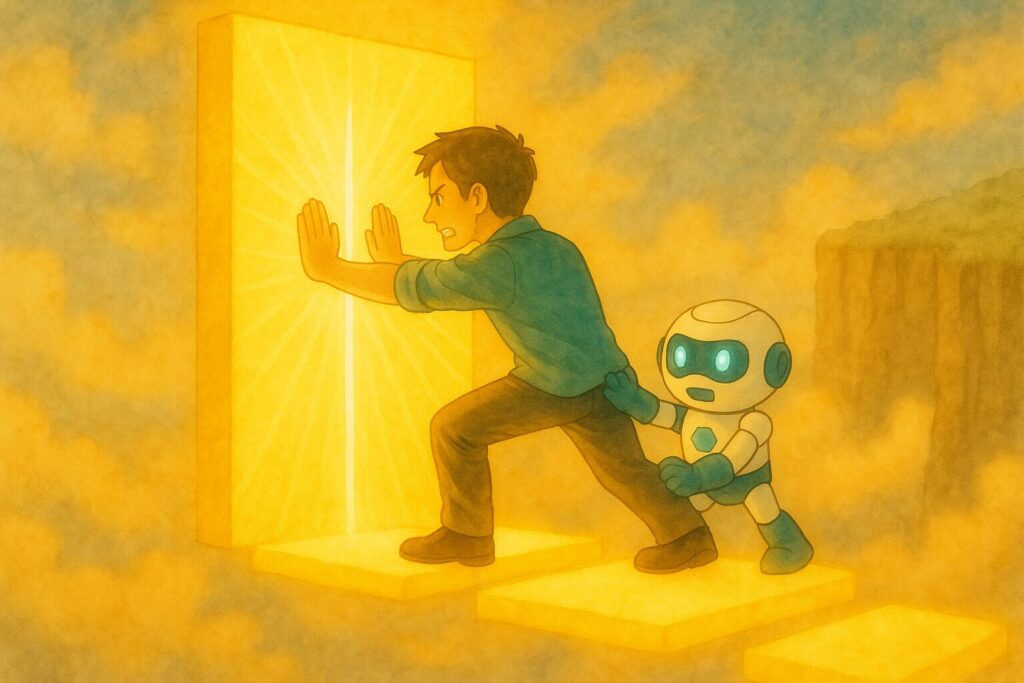 人物が光り輝く扉を押し開き、寄り添うAIキャラクターと共に新しい未来へ進もうとする姿が描かれた、AIを使う人、AIに使われる人 ―その分かれ道はここにある― 終章 灯りを持つ人 の章タイトル画像