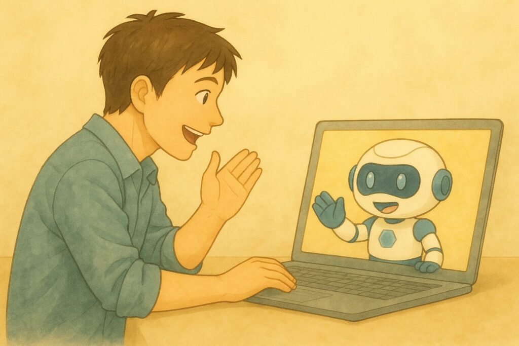 ノートパソコンの画面に映るAIと、笑顔で語りかける男性。物語のあとがきを象徴する温かいやりとりの場面。AIを使う人、AIに使われる人 ―その分かれ道はここにある― あとがき_タイトル画像