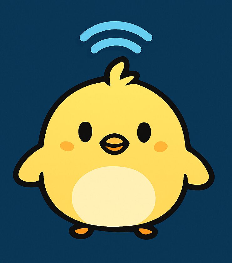 ブログ管理人とちぴのキャラクター。黄色いひよこのような姿で青い背景に描かれている