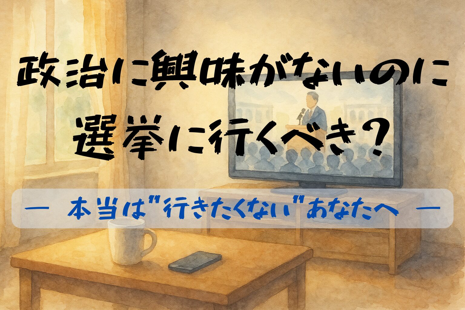 政治に興味がないのに選挙に行くべき？というタイトルが表示された、水彩風の柔らかな背景画像。淡い茶色と青色のトーンで構成され、落ち着いた印象のデザイン。