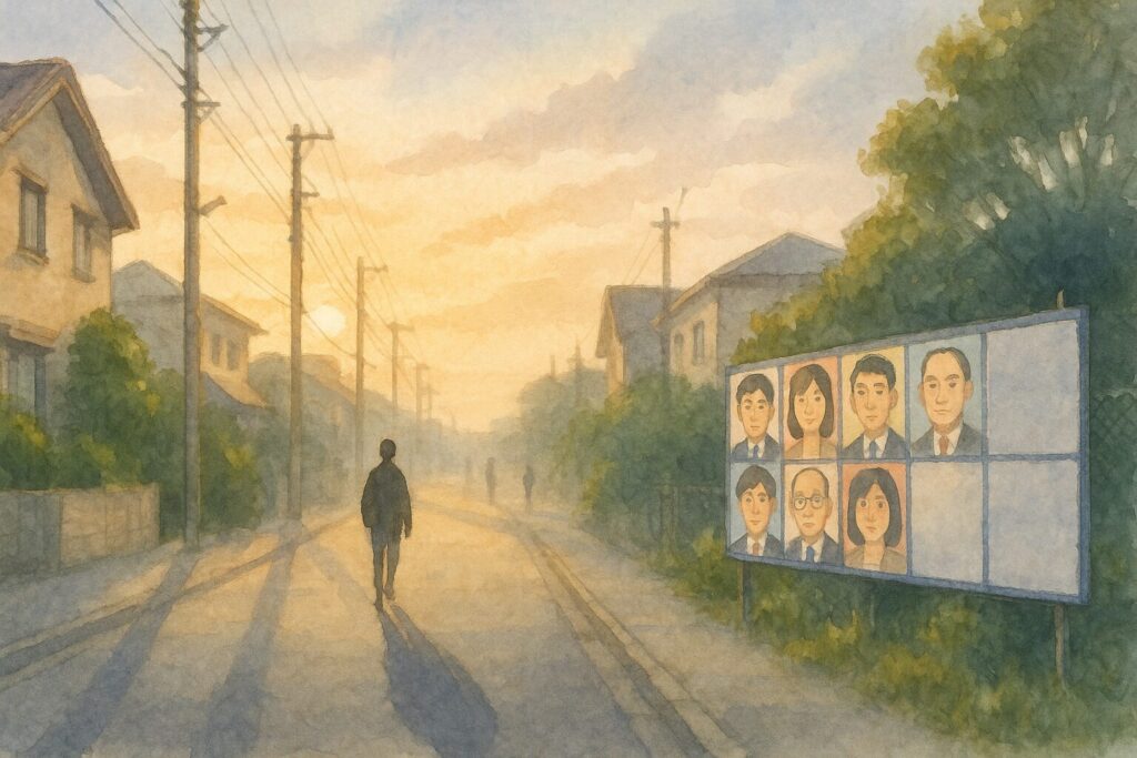 政治や選挙をテーマにした物語の一場面を描いた、水彩風の朝の風景イラスト。