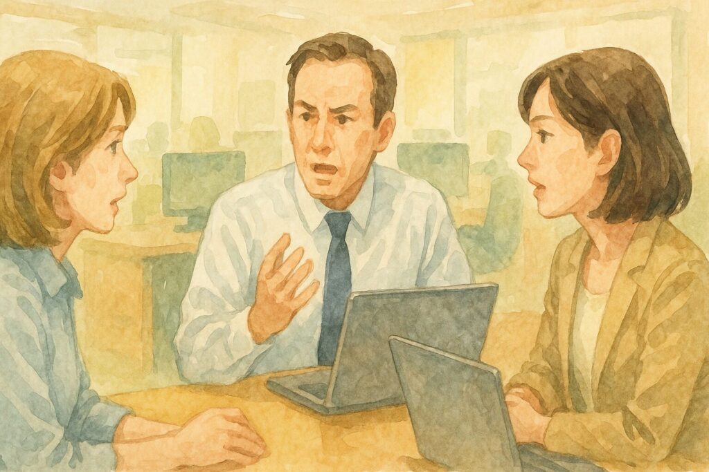政治や社会について意見を交わす3人を描いた、水彩風の会話シーンのイラスト。