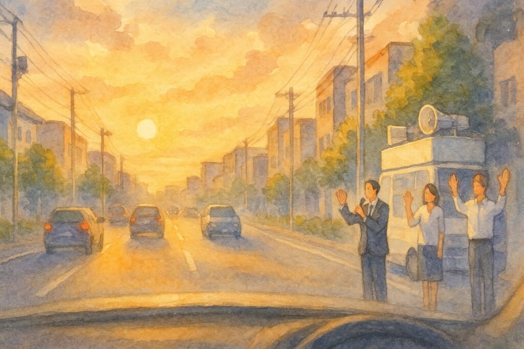 選挙や社会をテーマにした物語の一場面。夕暮れの街を歩く人々を描いた水彩風のイラスト。