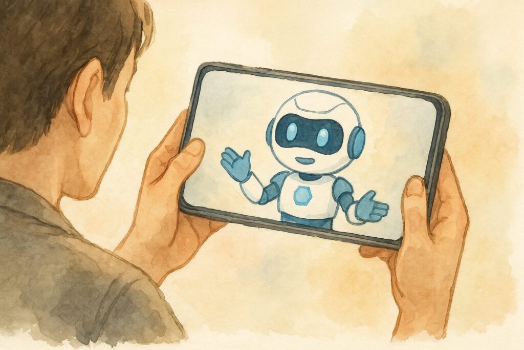 AIと対話する男性を描いた水彩風イラスト。人とAIのコミュニケーションをテーマにした柔らかな雰囲気の一場面。