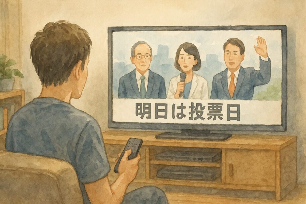 テレビ画面に映る選挙報道を見つめる男性を描いた水彩風イラスト。候補者たちの写真が並び、投票日を思わせる静かな室内の一場面。