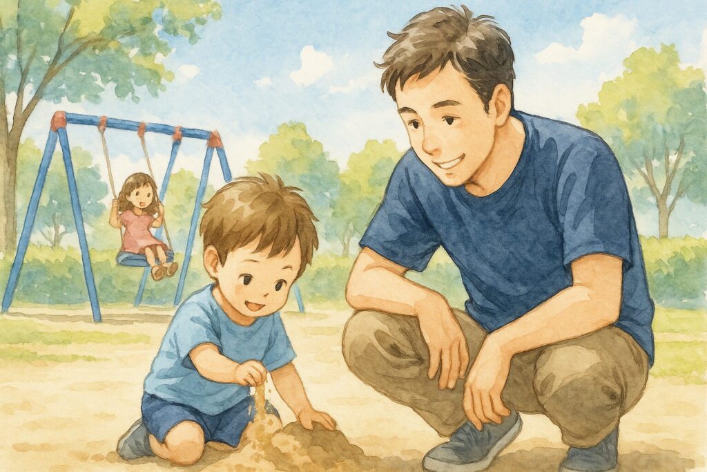 選挙日に公園で遊ぶ父と子ども2人を描いた水彩風イラスト。穏やかな光の中で未来を見つめる親子の姿。