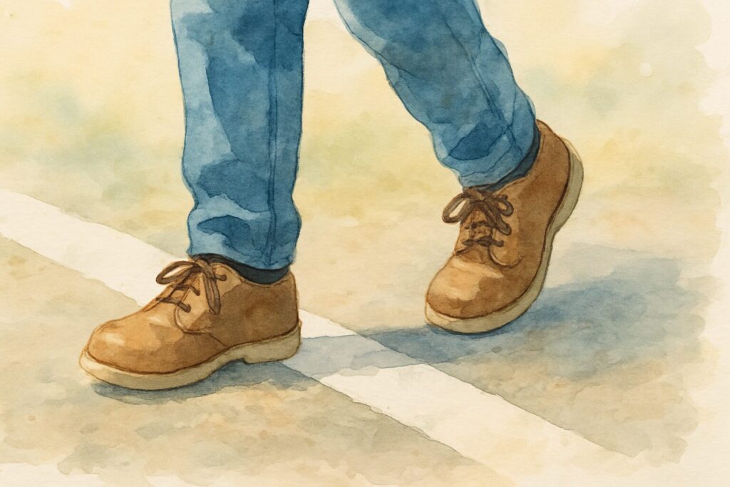 未来へ向かって一歩を踏み出す足元を描いた水彩風イラスト。行動や決意の始まりを象徴するシーン。