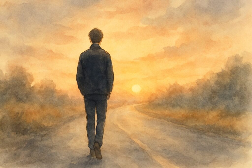 夕焼けの光に包まれながら、静かに歩き出す男性の後ろ姿を描いたイラスト