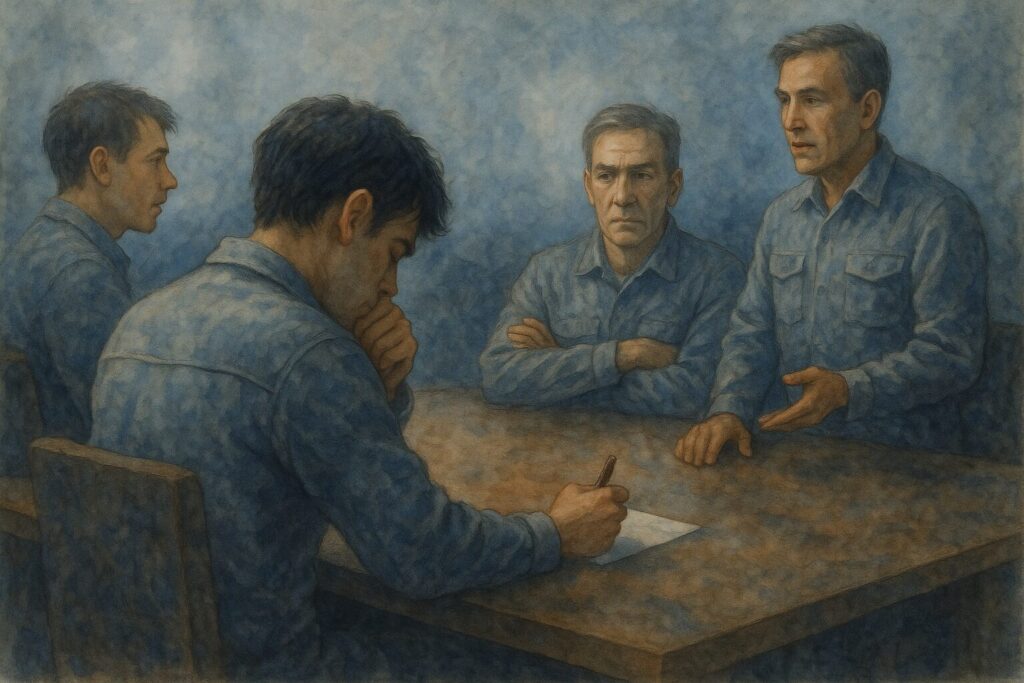 4人の男性が机を囲み、意見がまとまらないまま向かい合う緊張感のある会議のイラスト