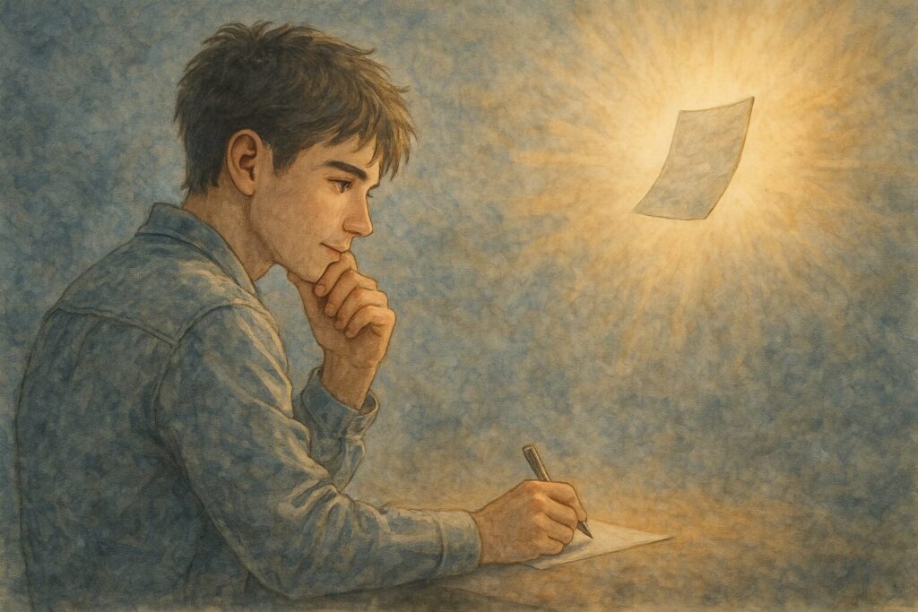 ノートを前に悩みながら言葉を探す男性が、静かな光の中で思索しているイラスト