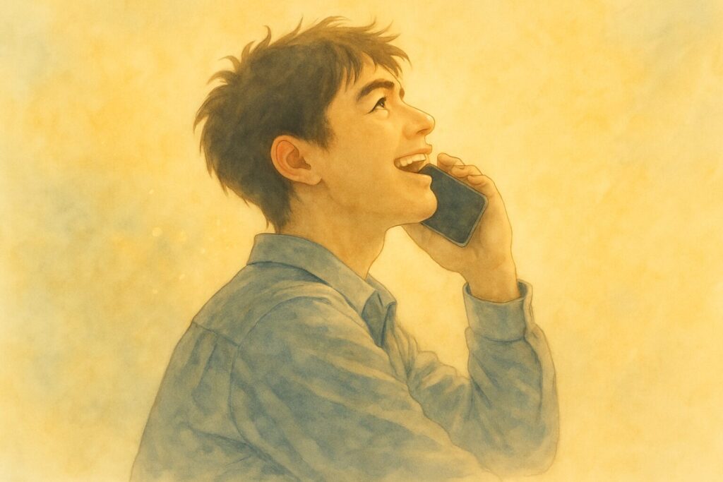 やわらかな光に包まれながら、空を見上げて物思いにふける男性のイラスト