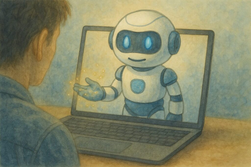 ノートパソコンに映るAIロボットに悩みを打ち明ける男性のイラスト