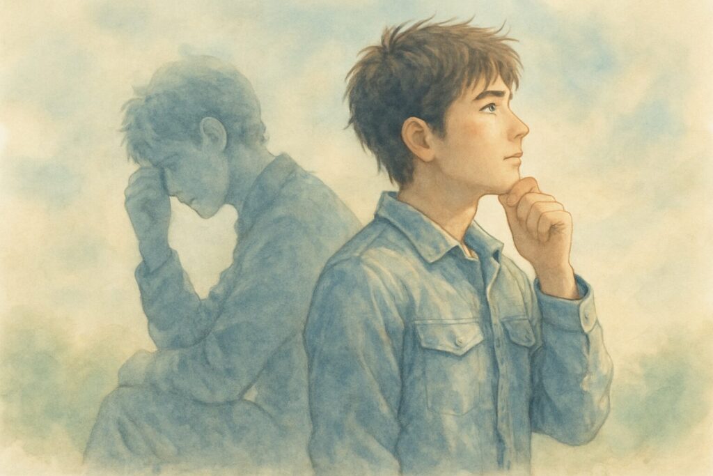 男性の隣に影のようなもう一人の自分が立ち、内面と向き合う様子を描いたイラスト