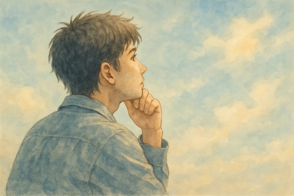 やわらかな光の中で空を見上げ、静かに思いを巡らせる男性のイラスト