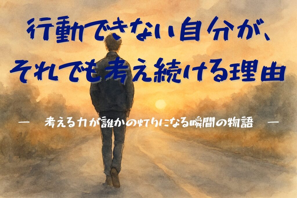 夕暮れの道を歩く男性の後ろ姿と、タイトル『行動できない自分が、それでも考え続ける理由』が描かれた物語風アイキャッチ画像